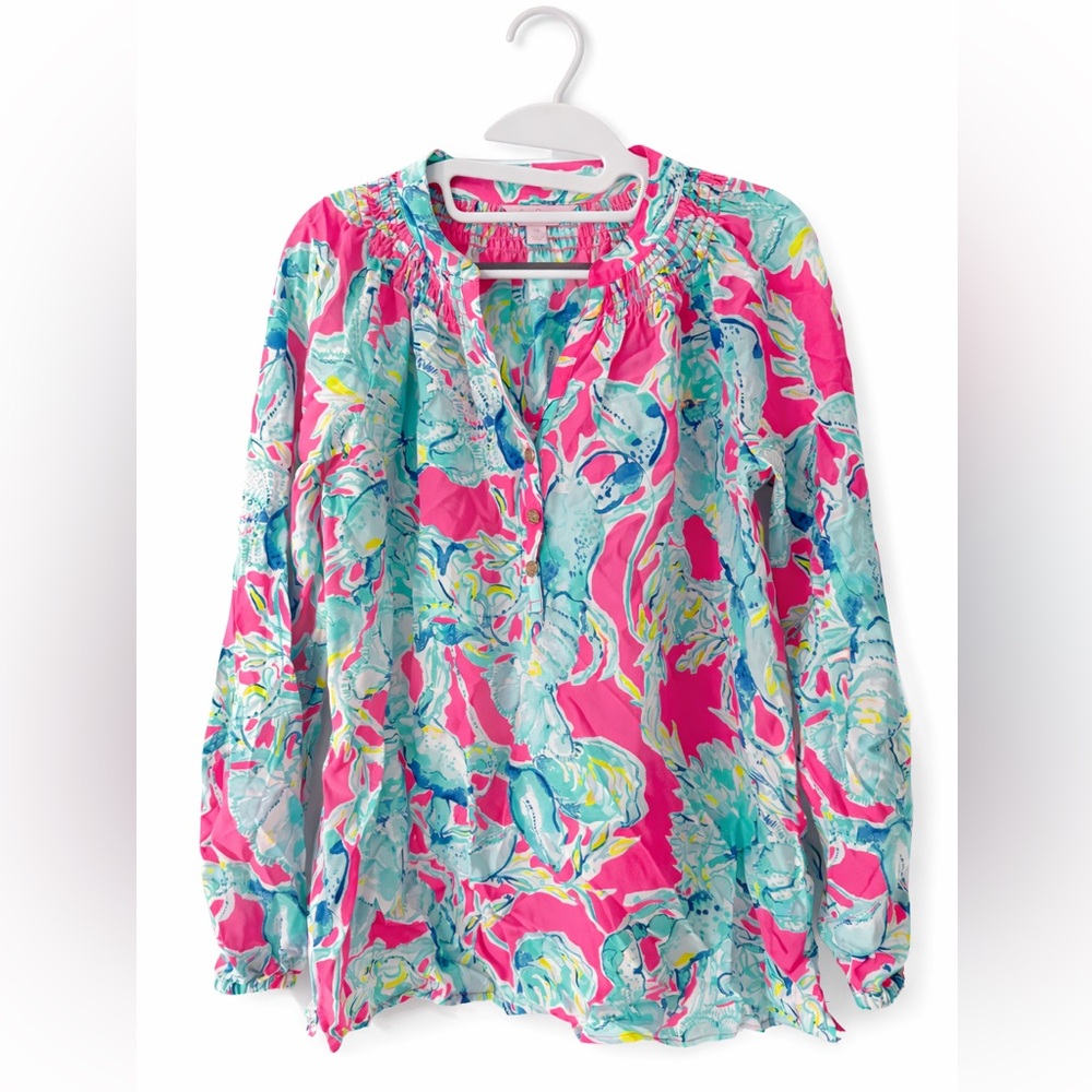 Lilly Pulitzer Smocked Neck Tunic Blouse – XS – Pink & Aqua Print